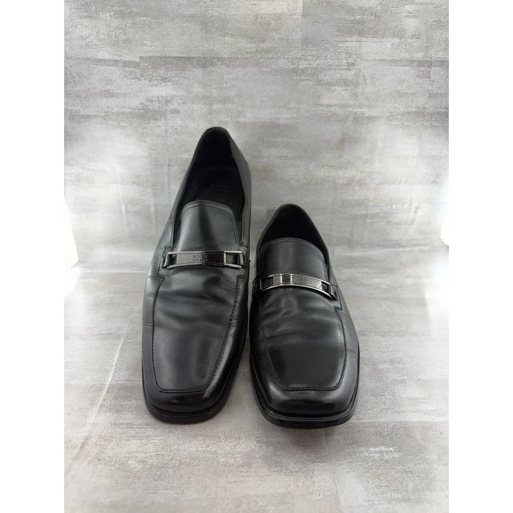 Hugo Boss Men Black Leather Square Toe Loafers Metal Logo Bar Sz 12W 50200774